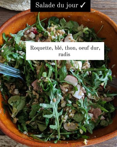 Salade roquette, blé, thon, œuf dur et radis