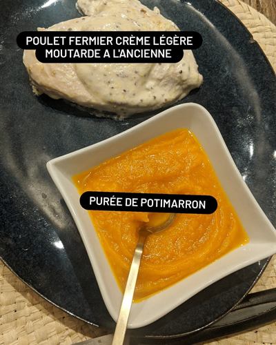 Poulet fermier à la moutarde à l'ancienne et purée de potimarron