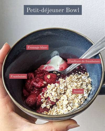 Bowl fromage blanc, framboises, avoine et confiture de framboises