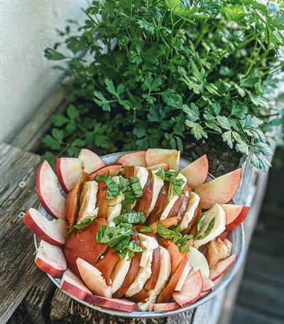 Salade de tomates côtelées, nectarine blanche et mozzarella
