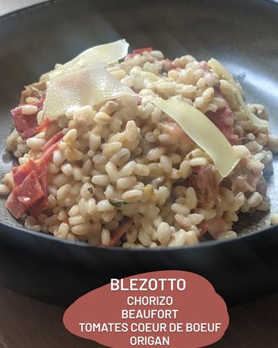 Blézotto chorizo, beaufort et tomates cœur de bœuf