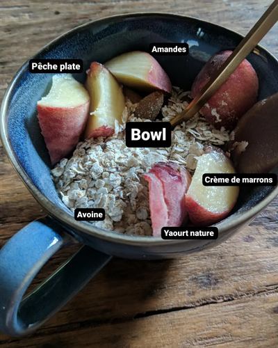 Bowl pêche plate, avoine et crème de marrons