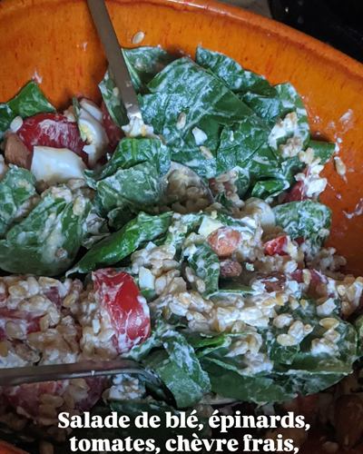 Salade de blé, épinards, chèvre frais et œufs durs