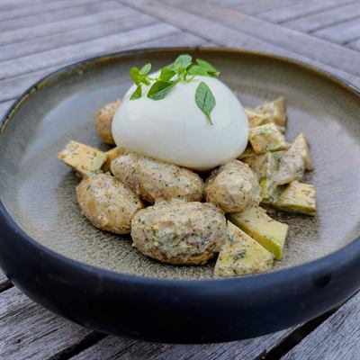 Burrata, avocat et pommes de terre froides, sauce yaourt aux herbes