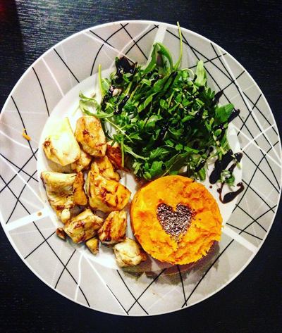 Poulet au miel et safran, purée de patate douce