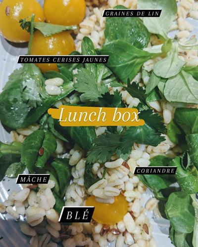 Lunch box blé, mâche, tomates cerises jaunes et coriandre