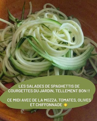 Salade de spaghettis de courgette, mozzarella, olives et chiffonnade