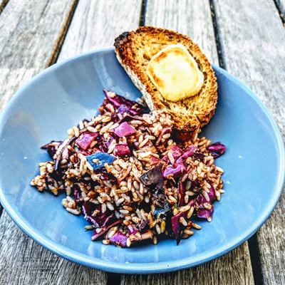 Salade de riz au chou rouge et thon, tartine chèvre-miel