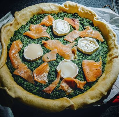 Tarte épinards, saumon fumé et chèvre