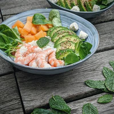 Bowl fraîcheur crevettes, melon et avocat