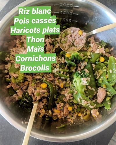 Salade composée riz, pois cassés, thon et brocoli
