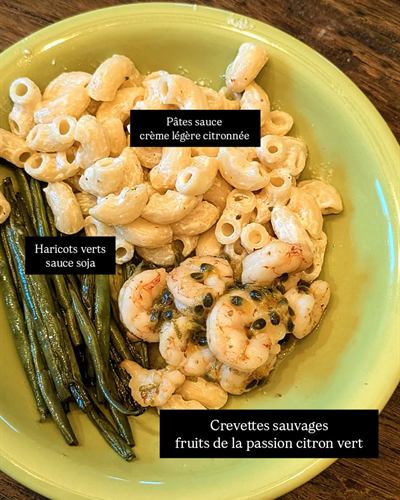 Crevettes passion-citron vert, haricots verts au soja et pâtes citronnées