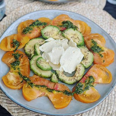 Rosace de tomates jaunes, mozzarella et pesto de roquette