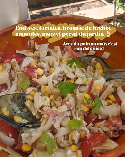 Endives, tomates, brousse de brebis et amandes, pain au maïs