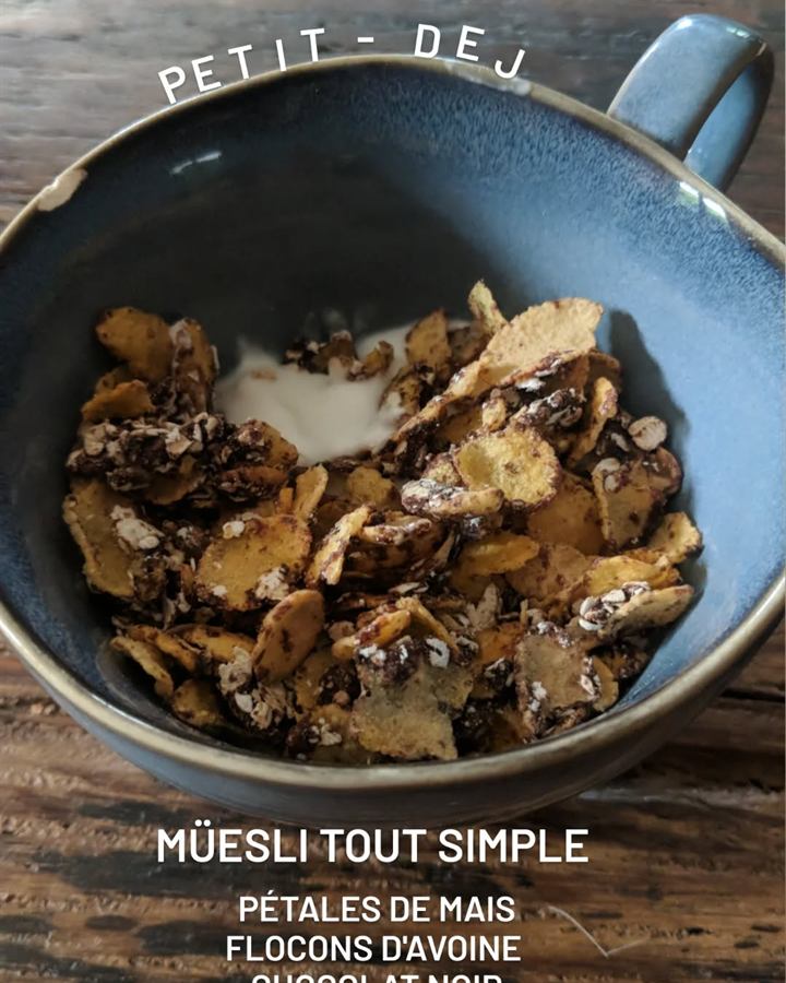 Müesli tout simple : pétales de maïs, avoine et chocolat noir