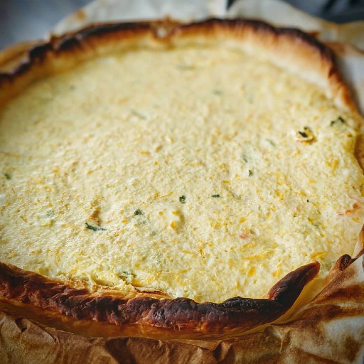 Quiche courgettes jaunes, brebis, truite fumée et menthe