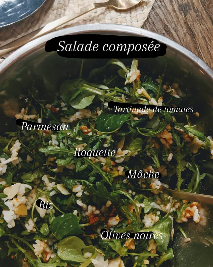 Salade de riz, roquette, parmesan et tartinade de tomates