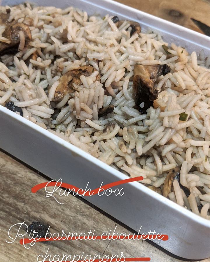 Lunch box riz basmati, champignons et ciboulette