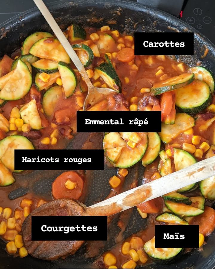 Poêlée courgettes, maïs, haricots rouges et carottes gratinée