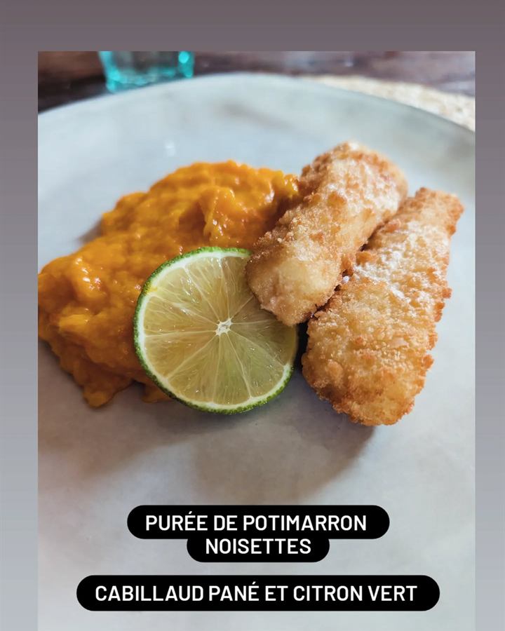 Cabillaud pané, purée de potimarron et noisettes