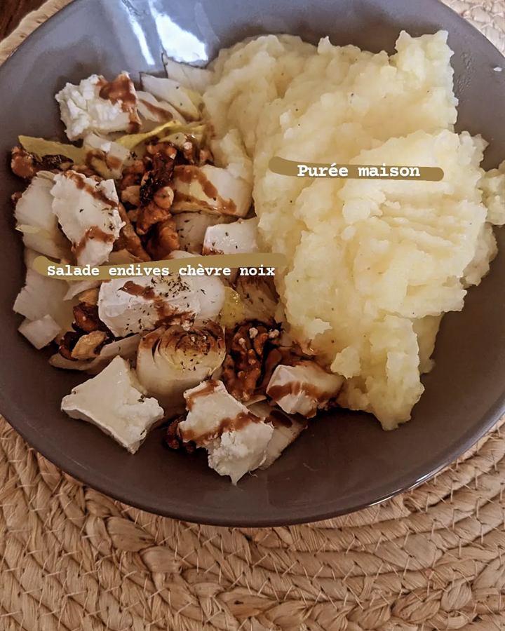 Salade endives, chèvre et noix, purée maison