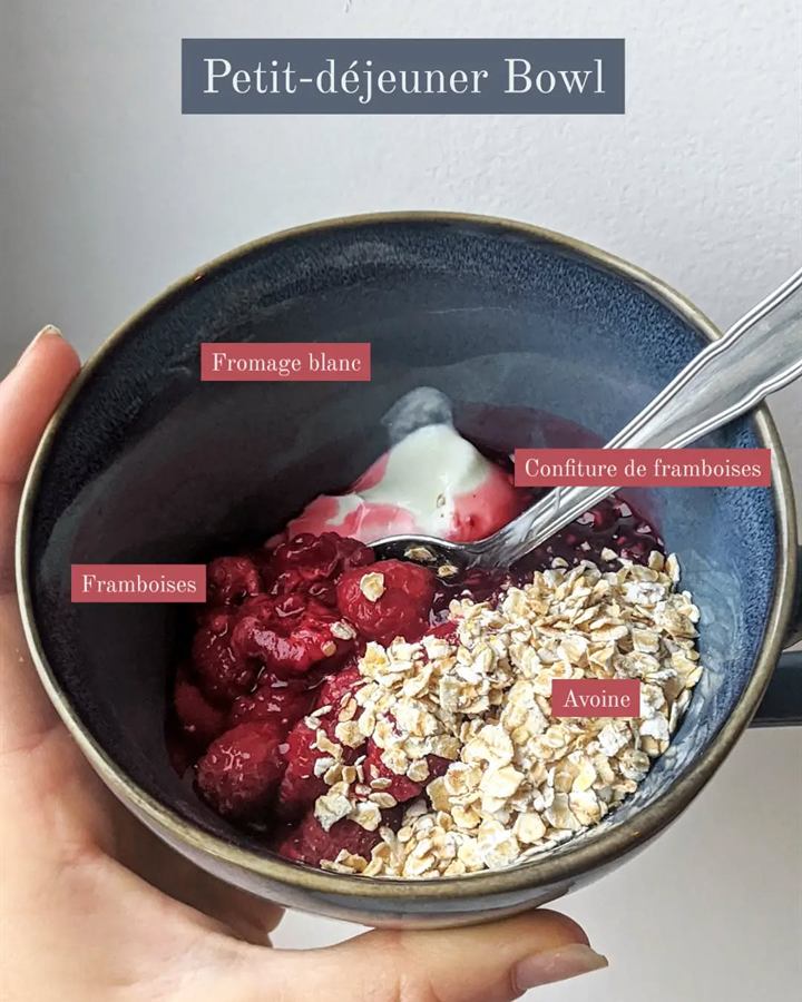 Bowl fromage blanc, framboises, avoine et confiture de framboises