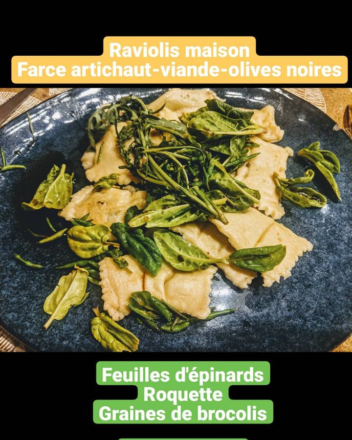 Raviolis maison artichaut, viande et olives noires