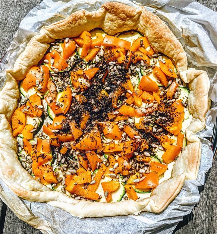 Tarte poivrons et courgettes, crème au bleu