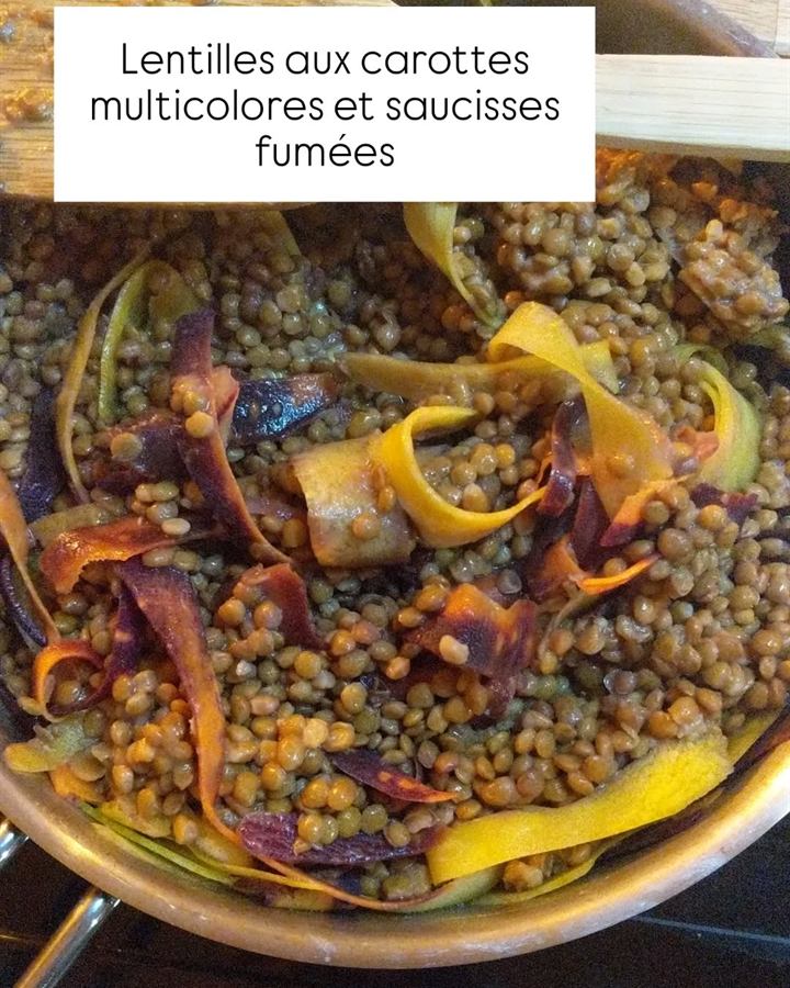 Lentilles aux carottes multicolores et saucisses fumées