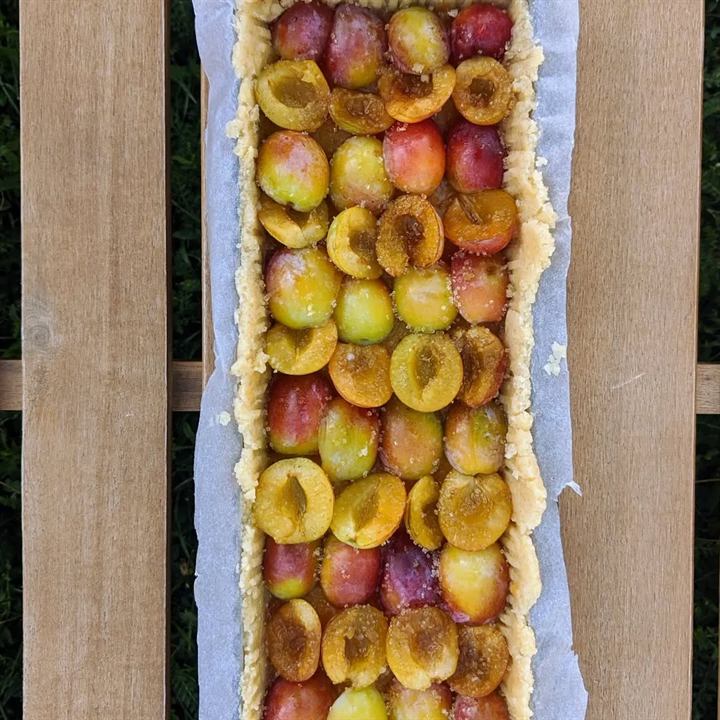 Tarte aux mirabelles, pâte sablée à l'huile de coco