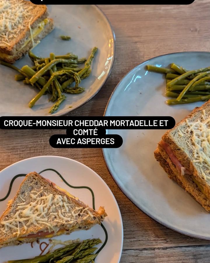 Croque-monsieur cheddar, mortadelle et comté aux asperges