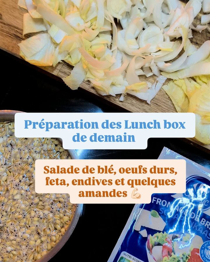 Lunch box blé, œufs durs, feta, endives et amandes