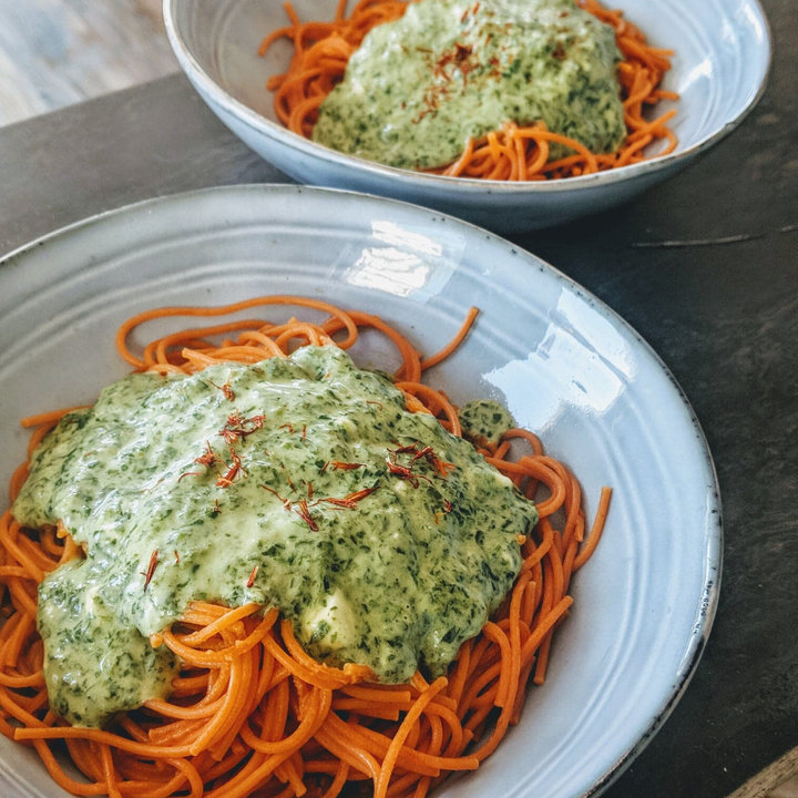 Spaghettis au quinoa et crème mâche-feta
